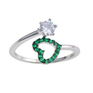 Sterling Silver 925 Rhodium Plated Open Heart Ring with Green and Clear CZ